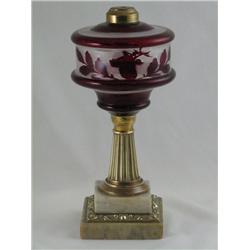 1880s  Oil Lamp, Ruby Flash Stag w/Brass Marble Base