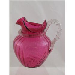 Cranberry Pitcher with Clear Handle Collar