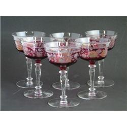 Six Cranberry Cut-to-Clear Stemmed Glasses