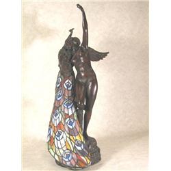  Art Nouveau Bronze Nude Stained Glass Peacock Lamp