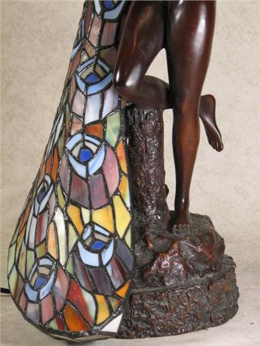 Art Nouveau Bronze Nude Stained Glass Peacock Lamp Art Nouveau Bronze Nude Stained Glass Peacock Lamp