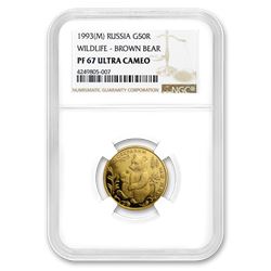 1993 Russia 1/4 oz Gold 50 Roubles Brown Bear PF-67 NGC