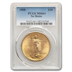 1908 $20 Saint-Gaudens Gold Double Eagle MS-64+ PCGS (No Motto)