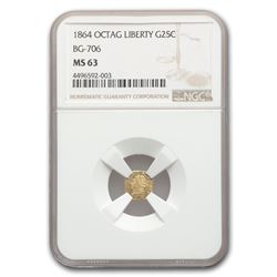 1864 Liberty Octagonal 25 Cent Gold MS-63 NGC (BG-706)