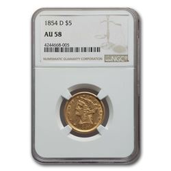 1854-D $5 Liberty Gold Half Eagle AU-58 NGC