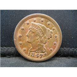 1847/7 Large Cent AU Strong Strike
