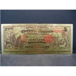 1875 USA Five Dollar 24k Gold Foil National Bank Vineland New Jersey Banknote, Not Legal Tender