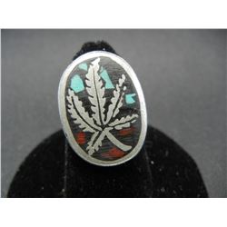 Marijuana ring, black and turquoise emblem, Size 6