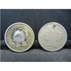 1865 & 1868 Three Cent Nickels Damaged Two Coin Lot
