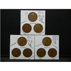 1944 PDS, 1945 PDS, 1974 PDS Wheat Cents, (9) Coins