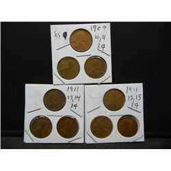 1909, 1910, (3) 1911, 1912, (2) 1913, 1914 Wheat Cents, (9) Coins