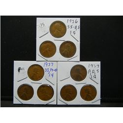 1935 DS, 1936, 1933, 1934 D, 1937, 1937 PDS Wheat Cents, (9) Coins