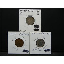 1943 Newfoundland Ten Cent, 1914 British Farthing, 1934 Switzerland Five Franc