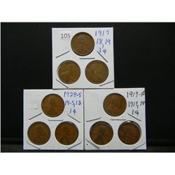 1917, 18, 19, 1919 D, 1918, 1919, 1918, 1919 S, 1929 S Wheat Cents (9) Coins