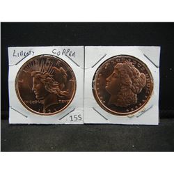 (2) Copper Rounds .999 1921 Liberty and Morgan Designs