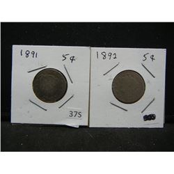 1891, 1892 V Nickels