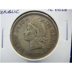 1937 Dominican Republic Silver 1/2 Peso.