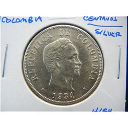 1934 Colombia 50 Centavos.  Silver.  AU+.  High Grade.