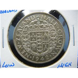 1942 New Zealand 1/2 Crown.  Low Mintage.  High Grade.