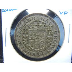 1934 New Zealand 1/2 Crown.  XF.  Silver.  Scarce.