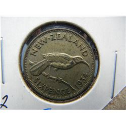 1934 New Zealand 6 Pence.  Silver.  VF.