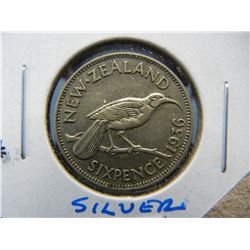 1936 New Zealand 6 Pence.  Silver.  VF.
