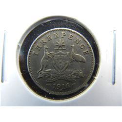 1916-M Australia Silver 3 Pence.  XF+.