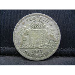 1957 Australia Florin 50% Silver Coin.  Coin Weighs 0.36 Troy Ounce.