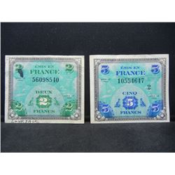 Series of 1944 French 2 & 5 Francs Military Currency.