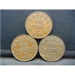3 Canada George V Cents Dated 1920 1928 1929.