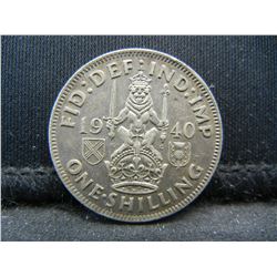 1940 Great Britain One Shilling 50% Silver Coin.  Coin Weighs 0.18 Troy Ounce.