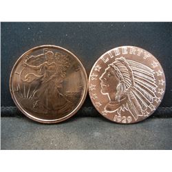 (2) COPPER 1 OZ ROUNDS (1929 INDIAN/LIBERTY)