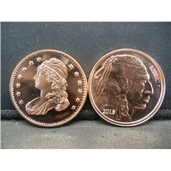 (2) One Troy Ounce Copper Rounds:  Capped Bust Half and 2015 Buffalo .  Proof.