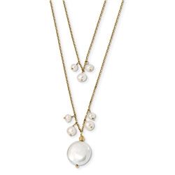 14k Gold 13-14 mm Coin & 3-4 mm Rice Pearl 2-strand Necklace