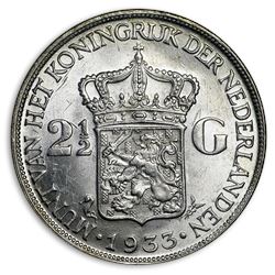 1933 Netherlands Silver 2 1/2 Gulden BU (Deep Hair Lines)