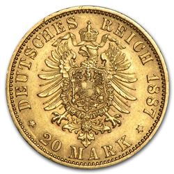 1871-1888 Germany Gold 20 Marks Prussia William I AU