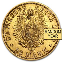 1871-1913 Germany Gold 20 Marks Prussia Avg Circ (Random)