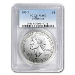 1993-P Jefferson 250th Anniv $1 Silver Commem MS-69 PCGS
