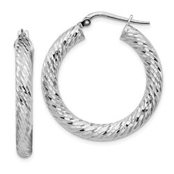 14k White Gold Diamond-cut Round Hoop Earrings - 4x20 mm