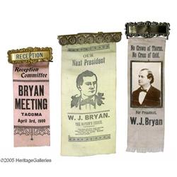 3 1896 & 1900 Wm Jennings Bryan Ribbon Badges Three Exceptional 1896 & 1900 William Jennings Bryan S