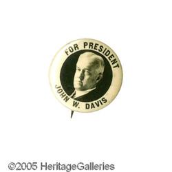 Bold 1 1/4" 1924 John W. Davis Pinback Bold, Dramatically-Designed 1 1/4" 1924 John W. Davis Pinback