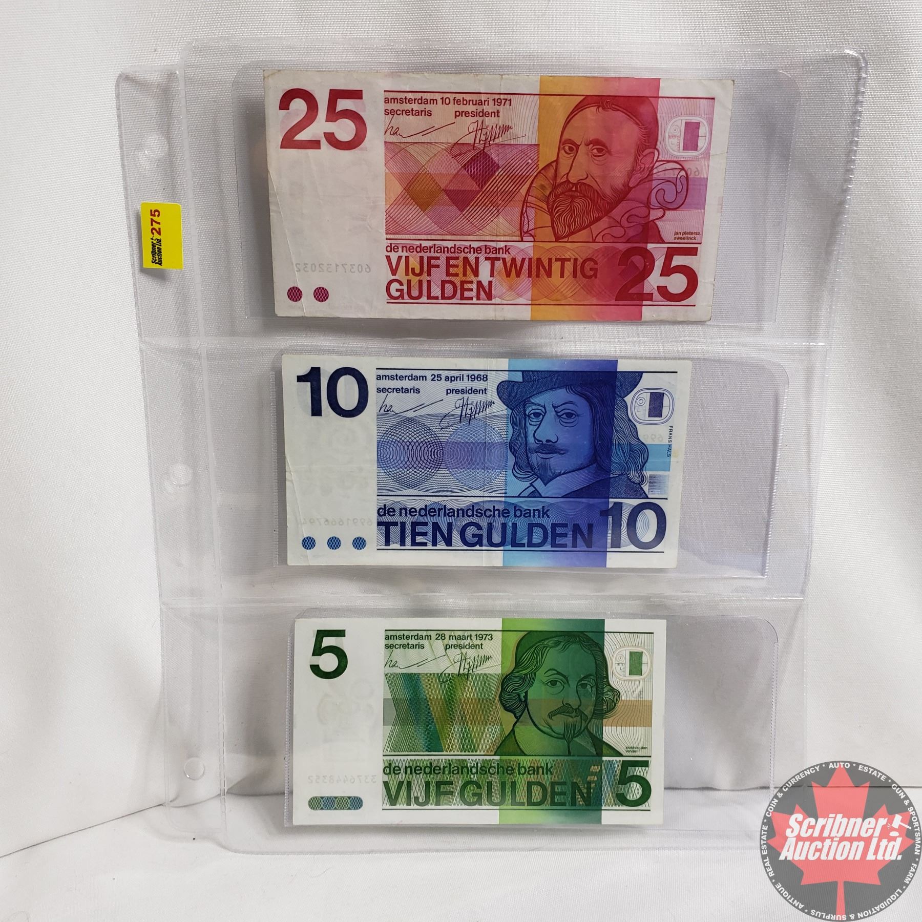 Dutch Gulden Notes - Sheet of 3: 1973 $5, 1968 $10 & 1971 $25