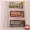 Canada 1954 Bills - Sheet of 3: $1 (Lawson/Bouey VF9225307); $2 (Bouey/Rasminsky JG7786887); $5 (Bea