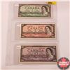 Canada 1954 Bills - Sheet of 3: $1 (Beattie/Rasminsky SP1565983); $2 (Bouey/Rasminsky KG1123335); $1
