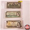 Canada $1 Bills - Sheet of 3: 1937 (Coyne/Towers NN3469378) ; 1954 (Bouey/Rasminsky TF4169108) ; 197
