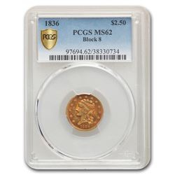 1836 $2.50 Gold Classic Head MS-62 PCGS (Block 8)