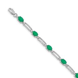 14K White Gold w/ Diamond and Emerald Gemstone Bracelet - 7 in.