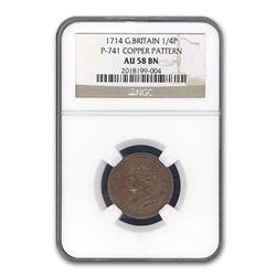 1714 Great Britain Copper Farthing Pattern P-741 AU-58 NGC (Brn)