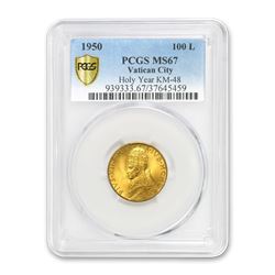 1950 Vatican City Gold 100 Lire Pope Pius XII MS-67 PCGS