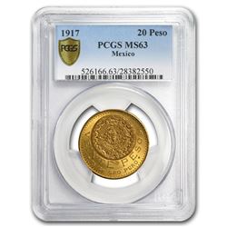 1917 Mexico Gold 20 Pesos MS-63 PCGS